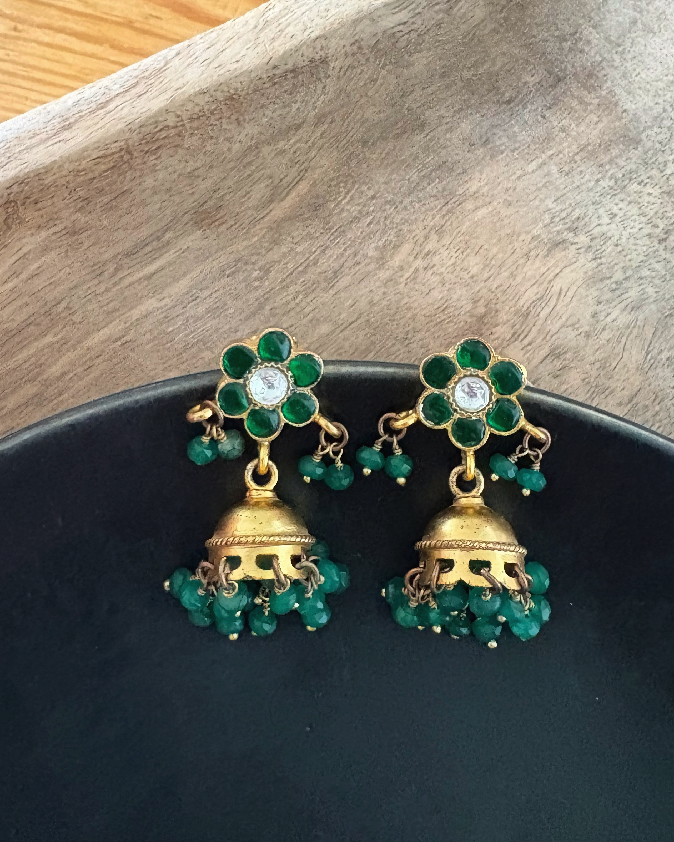 GREEEN ONYX FLORAL JHUMKA