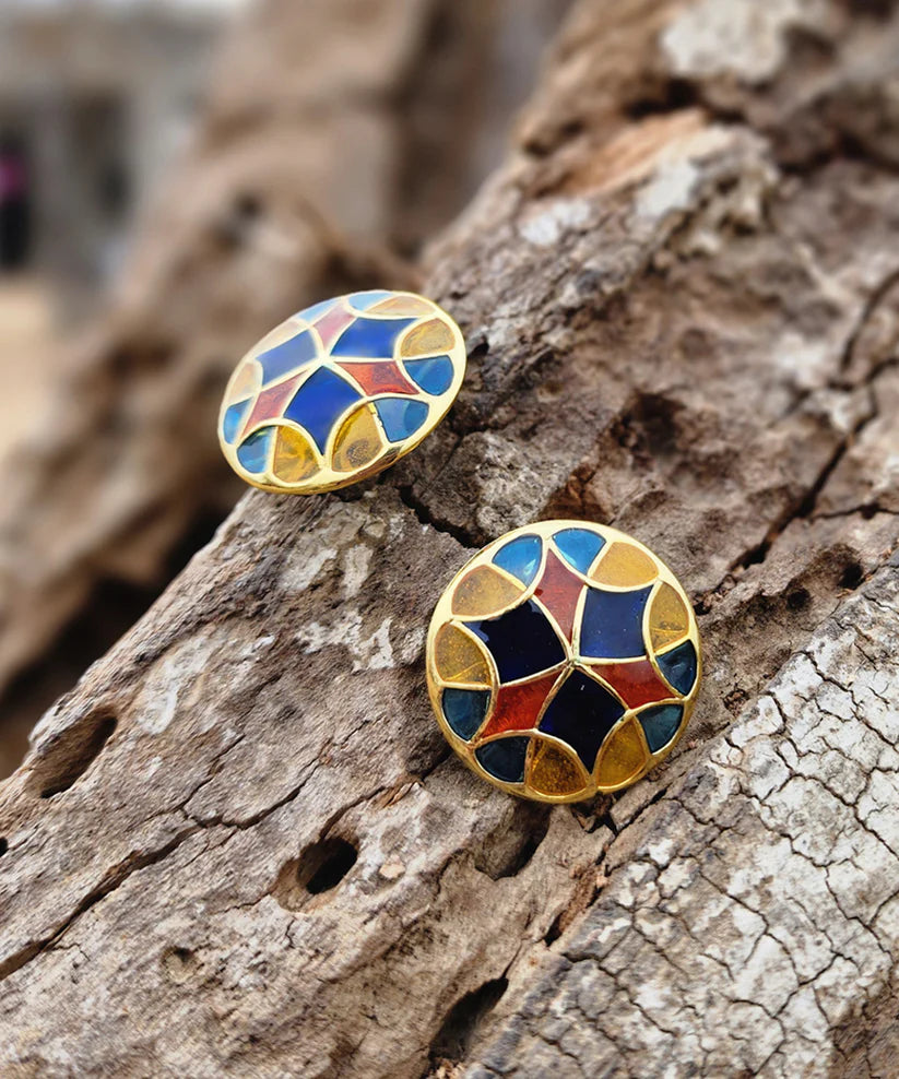 Aqua Blue Golden Kaleidoscope Stud Earrings