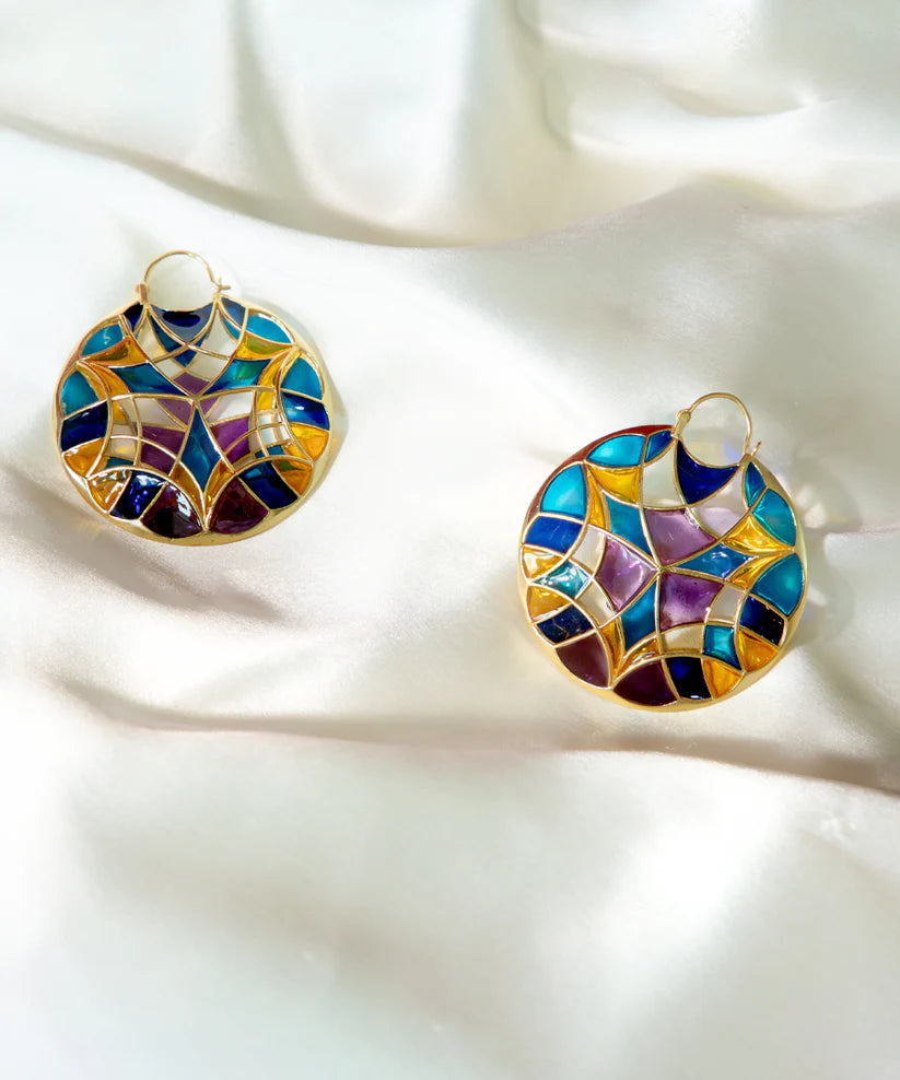 Aqua Blue Kaleidoscope Polychrome Hoop Earrings — Gold Finish