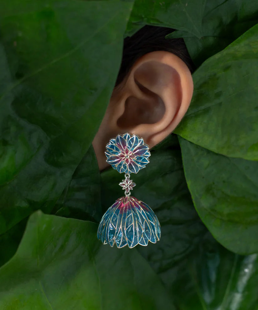 Bloom Flower Jhumka Earrings - Blue Meenakari - Anti Tarnish Finish