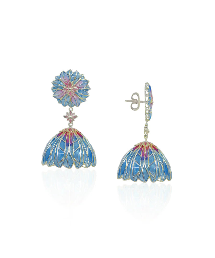 Bloom Flower Jhumka Earrings - Blue Meenakari - Anti Tarnish Finish