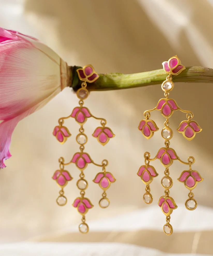 Padma Lotus Earrings - Pink Meenakari - Gold Plated