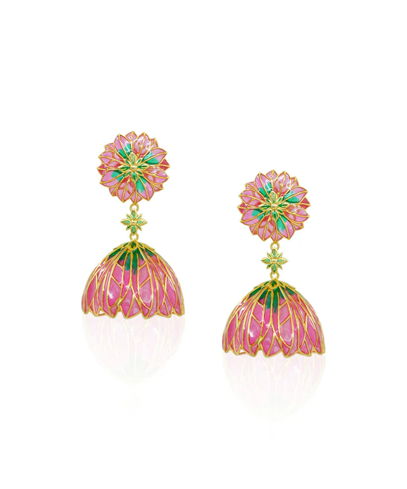 Bloom Flower Jhumka Earrings - Pink Meenakari - Gold Plated