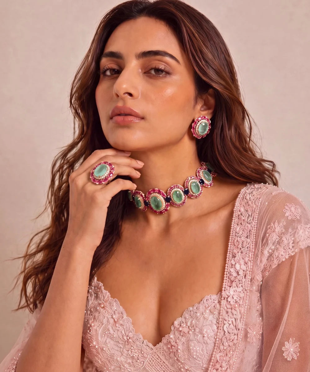 Raani Baag Oval Pink Ruby and Sapphire Choker Set
