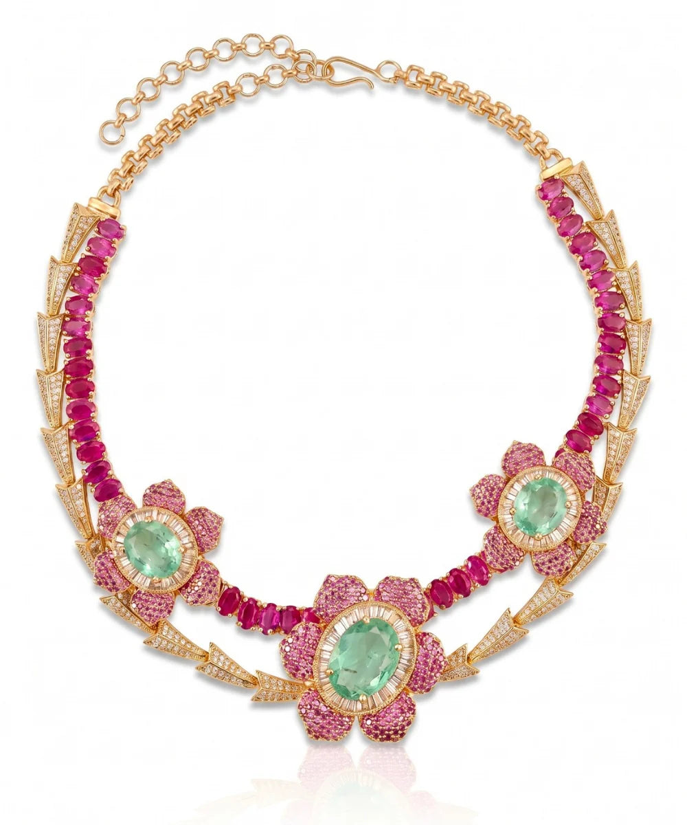 Raani Baag Pink Ruby Flower with CZ and Mint green Set