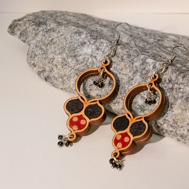 WHE Ajrakh Black Repurposed Fabric and Wood Round Danglers