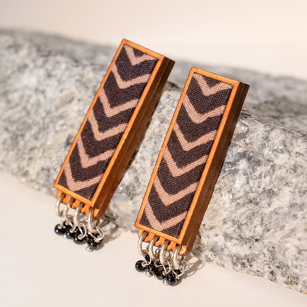 WHE Ajrakh Black Repurposed Fabric and Wood Studs with beads