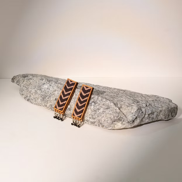WHE Ajrakh Black Repurposed Fabric and Wood Studs with beads