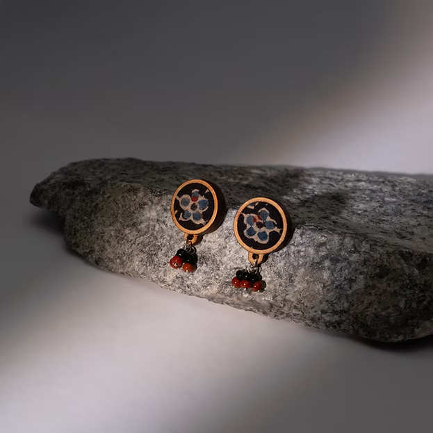 WHE Ajrakh Multicolour Repurposed Fabric and Wood Stud Earrings