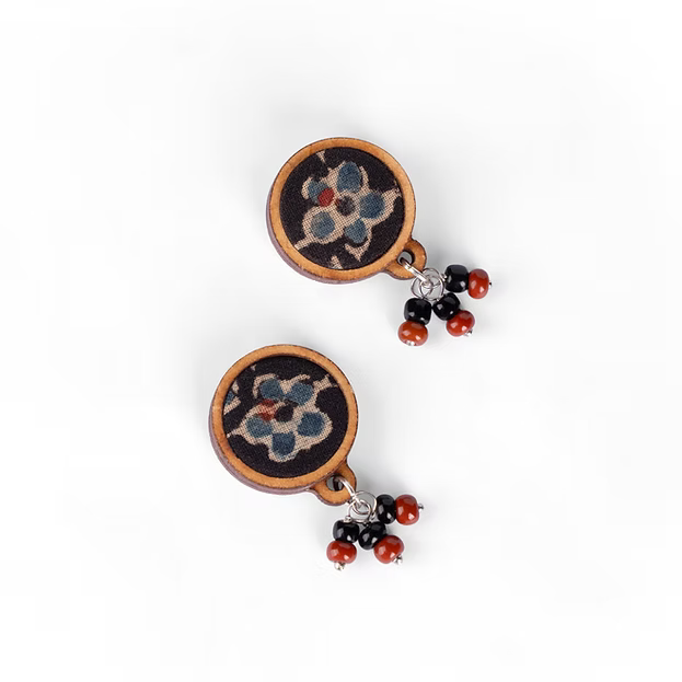 WHE Ajrakh Multicolour Repurposed Fabric and Wood Stud Earrings