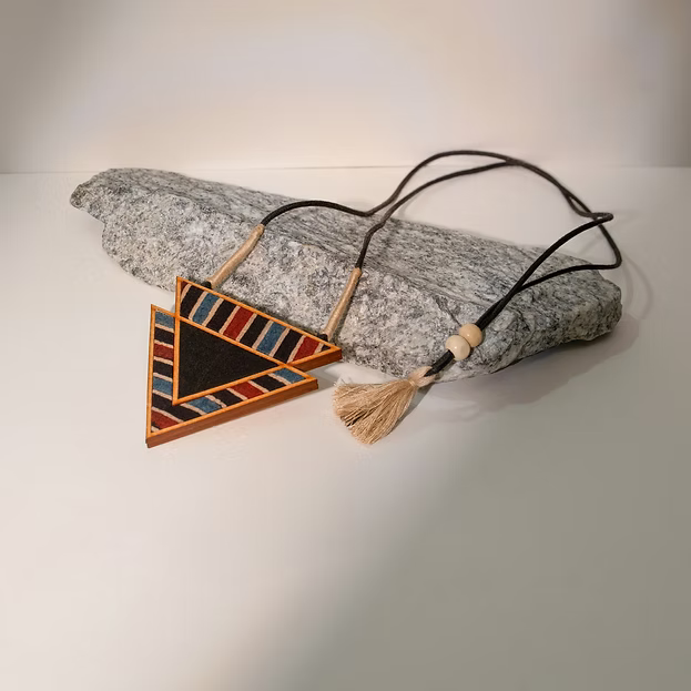 WHE Black Ajrakh Repurposed Fabric and Wood Triangular Necklace