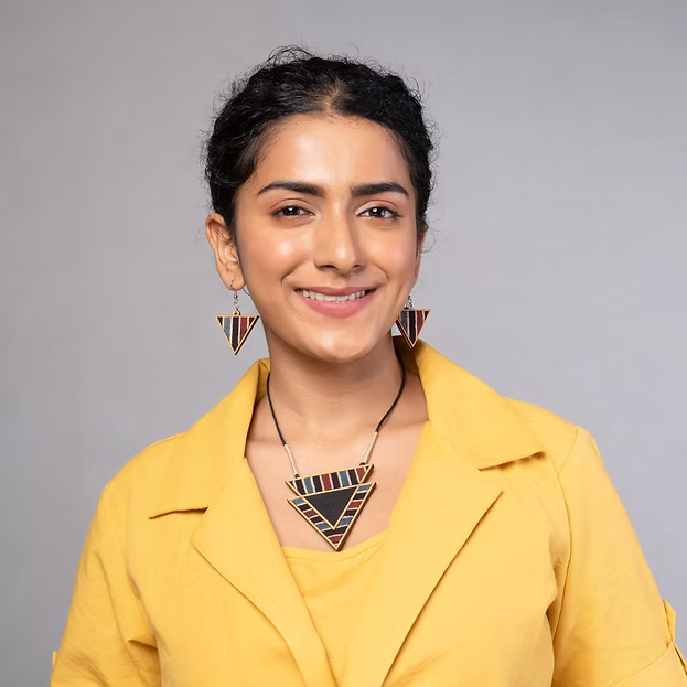 WHE Black Ajrakh Repurposed Fabric and Wood Triangular Necklace