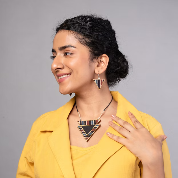 WHE Black Ajrakh Repurposed Fabric and Wood Triangular Necklace