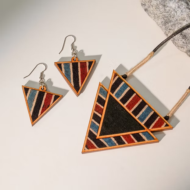 WHE Black Ajrakh Repurposed Fabric and Wood Triangular Necklace