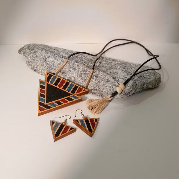 WHE Black Ajrakh Repurposed Fabric and Wood Triangular Necklace