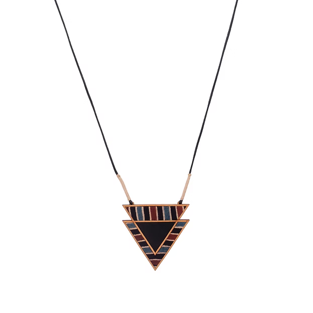 WHE Black Ajrakh Repurposed Fabric and Wood Triangular Necklace