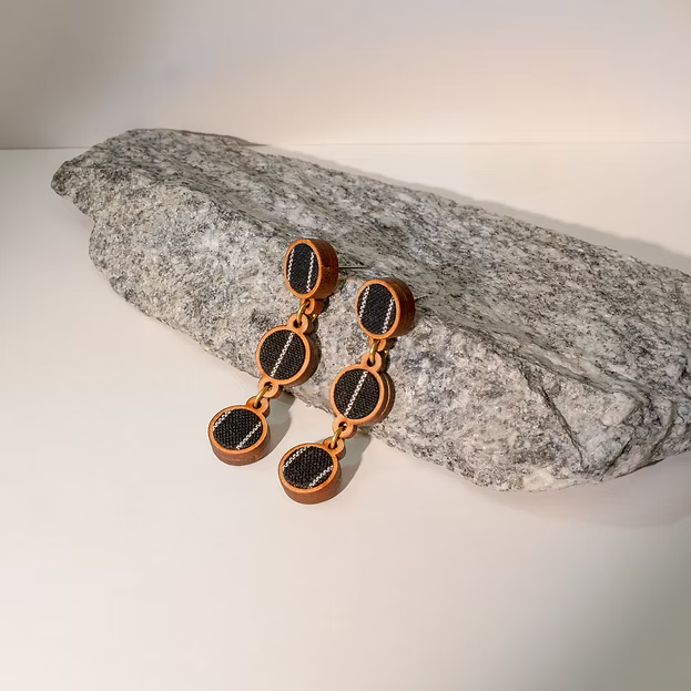 WHE Black Repurposed Fabric and Wood Connecting Round Earrings
