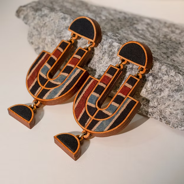 WHE Black Stripe Ajrakh Repurposed Fabric and Wood Earrings