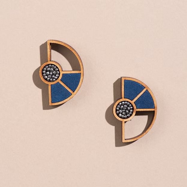 WHE Blue Geometrical Upcycled Fabric and Repurposed Wood Earring