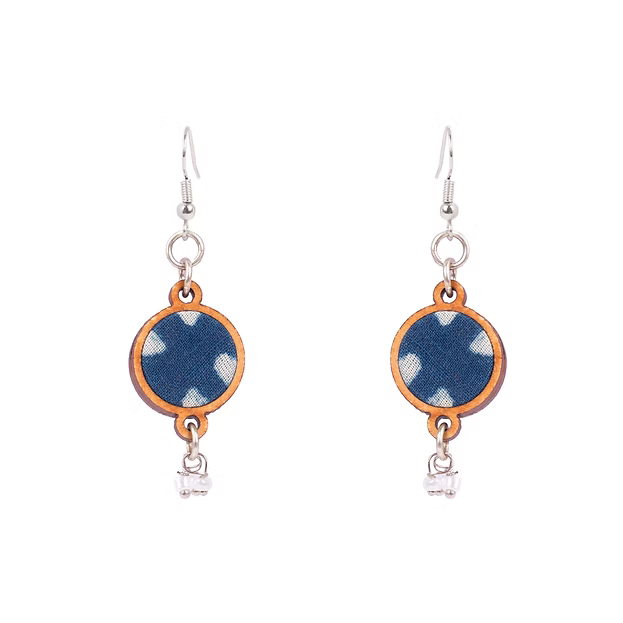 WHE Indigo Blue Fabric and Repurposed Wood Danglers