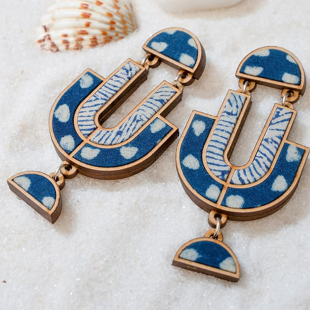 WHE Indigo Blue Repurposed Fabric and Wood Statement Earrings