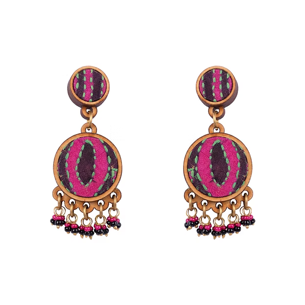 WHE Multicolor Kantha Silk Fabric and Repurposed Wood Earrings
