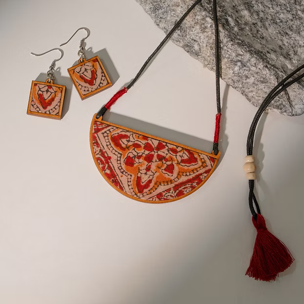 WHE Red Repurposed Kalamkari Fabric and Repurposed Wood Pendant