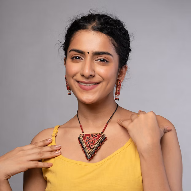 WHE Two in One Multicolor Repurposed Fabric and Wood Triangle Pendant