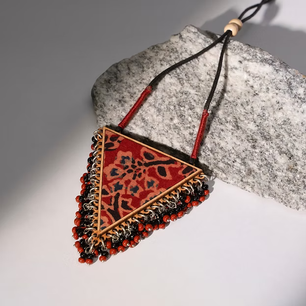 WHE Two in One Multicolor Repurposed Fabric and Wood Triangle Pendant