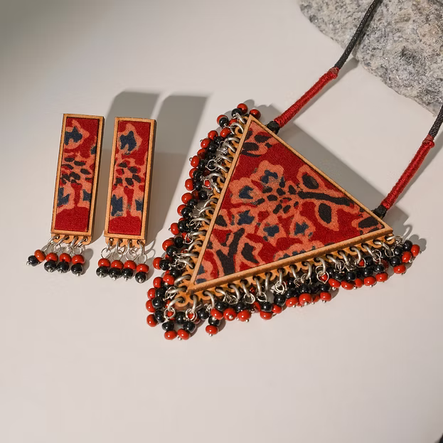 WHE Two in One Multicolor Repurposed Fabric and Wood Triangle Pendant