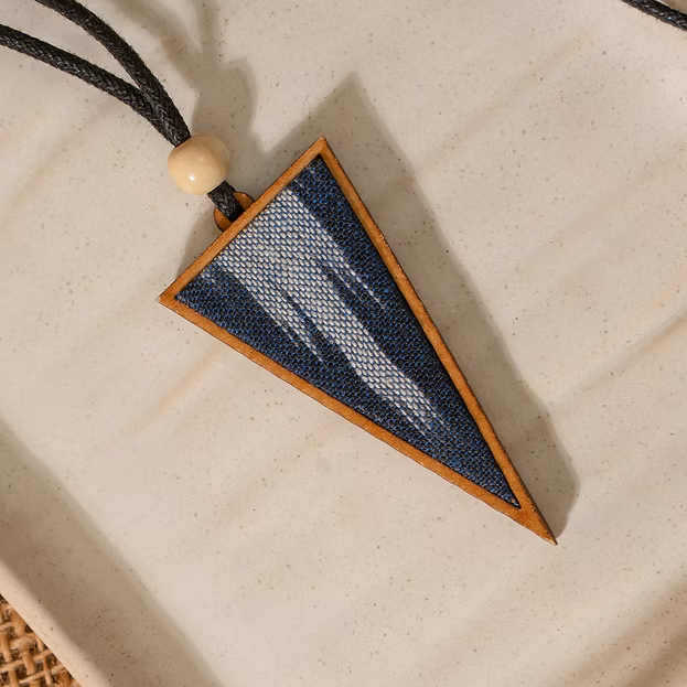 WHE Unisex Blue Repurposed Fabric and Wood Triangular Pendant