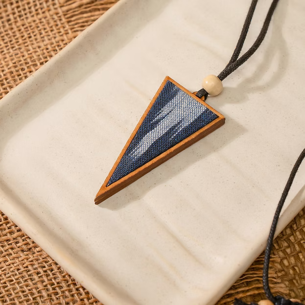 WHE Unisex Blue Repurposed Fabric and Wood Triangular Pendant
