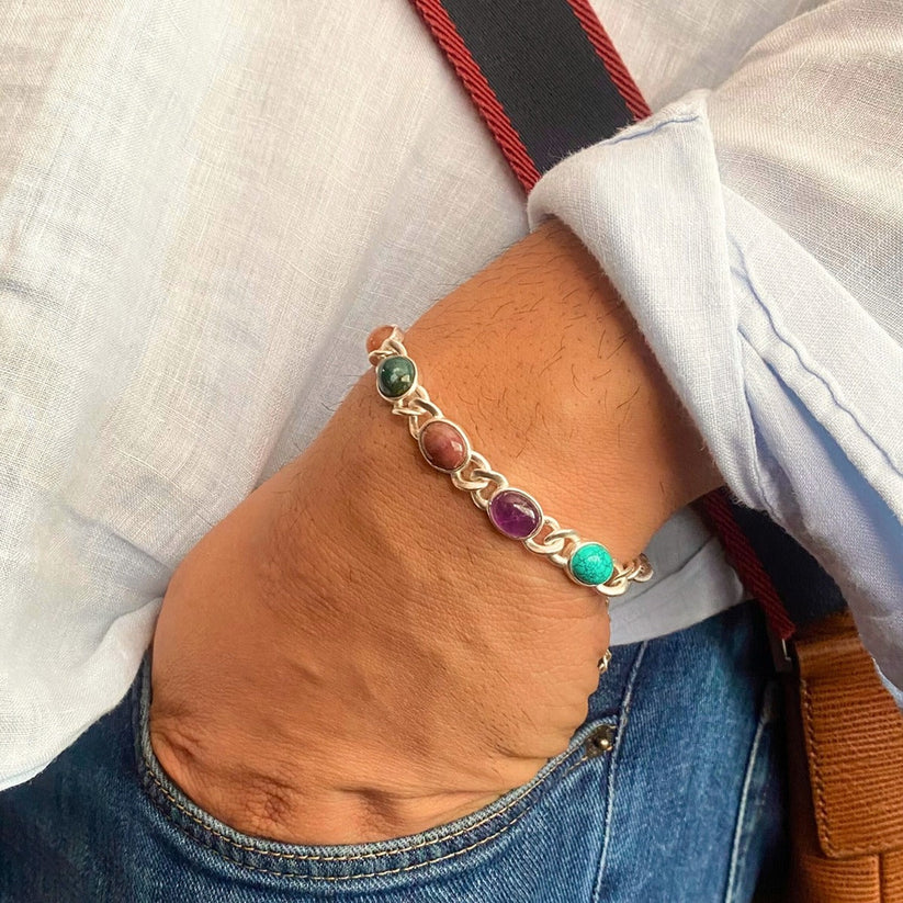 7 Gemstones Chakra Balancing Bracelet, Silver Plated, For Men