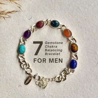 7 Gemstones Chakra Balancing Bracelet, Silver Plated, For Men