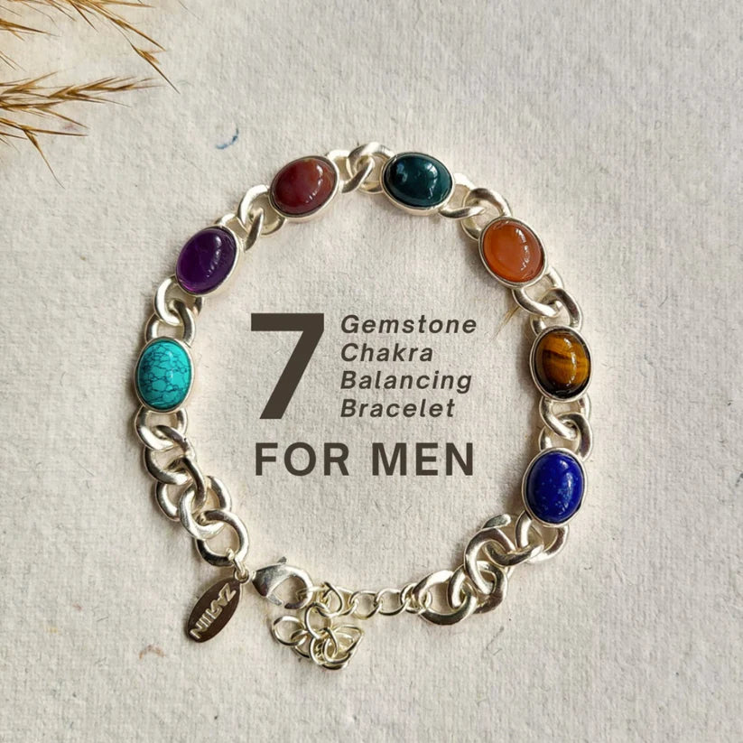 7 Gemstones Chakra Balancing Bracelet, Silver Plated, For Men