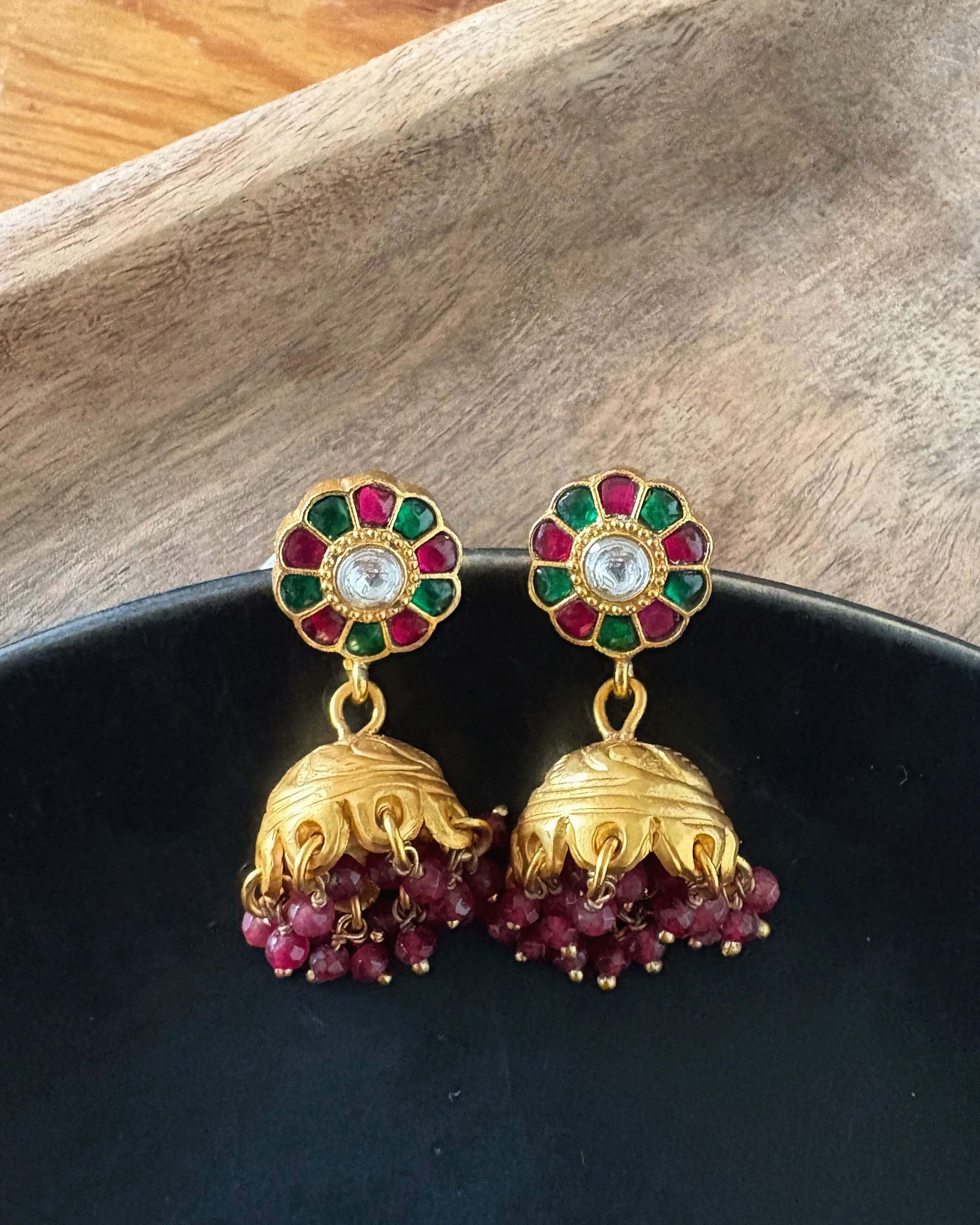 GREEEN ONYX AND RED CORAL CIRCULAR JHUMKA