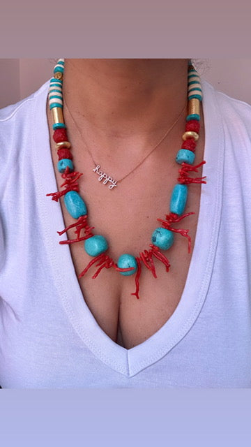 Antique Italian coral with synthetic turquoise Pendant