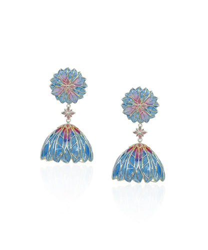Bloom Flower Jhumka Earrings - Blue Meenakari - Anti Tarnish Finish