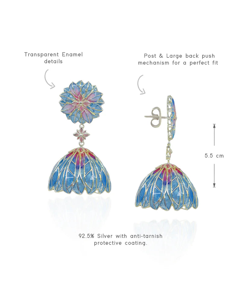 Bloom Flower Jhumka Earrings - Blue Meenakari - Anti Tarnish Finish