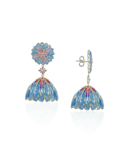Bloom Flower Jhumka Earrings - Blue Meenakari - Anti Tarnish Finish