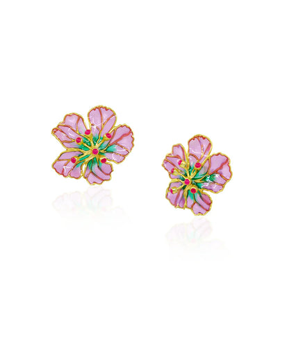 Bloom Stud Earrings - Pink Meenakari - Gold Plated