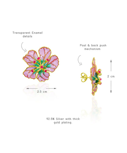Bloom Stud Earrings - Pink Meenakari - Gold Plated