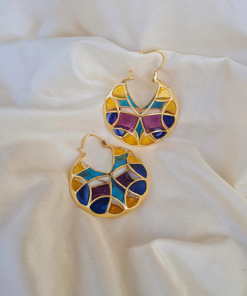Aqua Blue Kaleidoscope Polychrome Hoop Earrings — Gold Finish