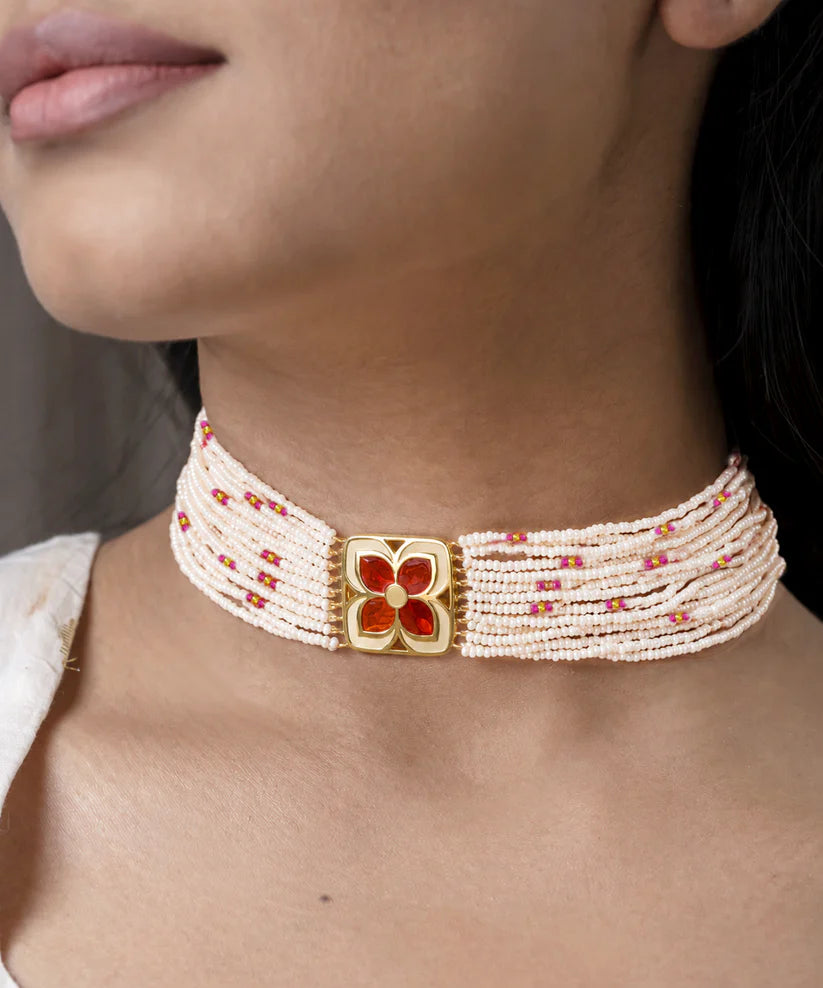 Padma Chameli Choker - Red & Ivory Meenakari