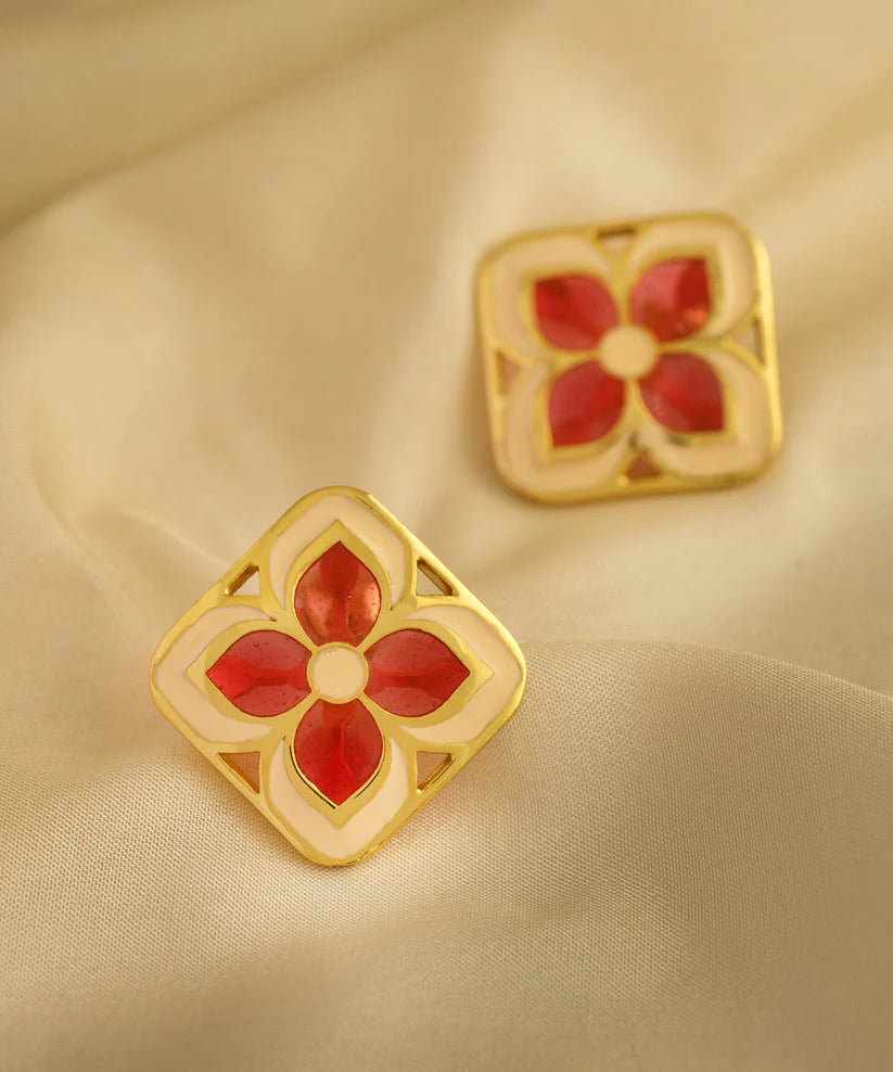 Padma Chameli Stud Earrings - Red & Ivory Meenakari