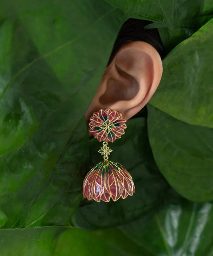 Bloom Flower Jhumka Earrings - Pink Meenakari - Gold Plated