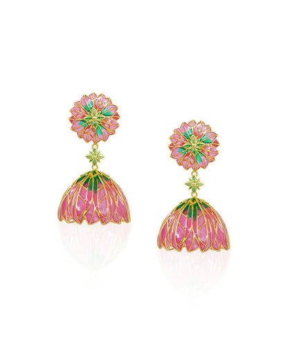 Bloom Flower Jhumka Earrings - Pink Meenakari - Gold Plated