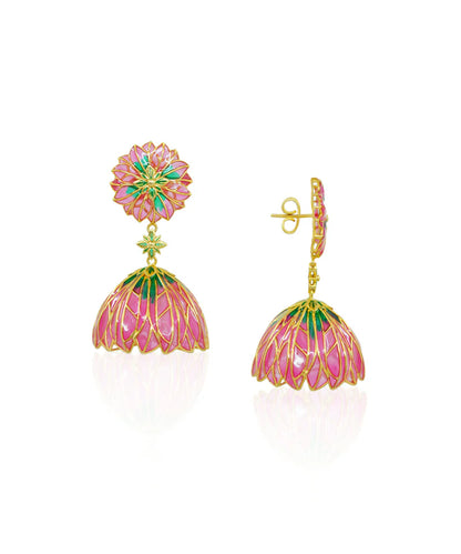 Bloom Flower Jhumka Earrings - Pink Meenakari - Gold Plated