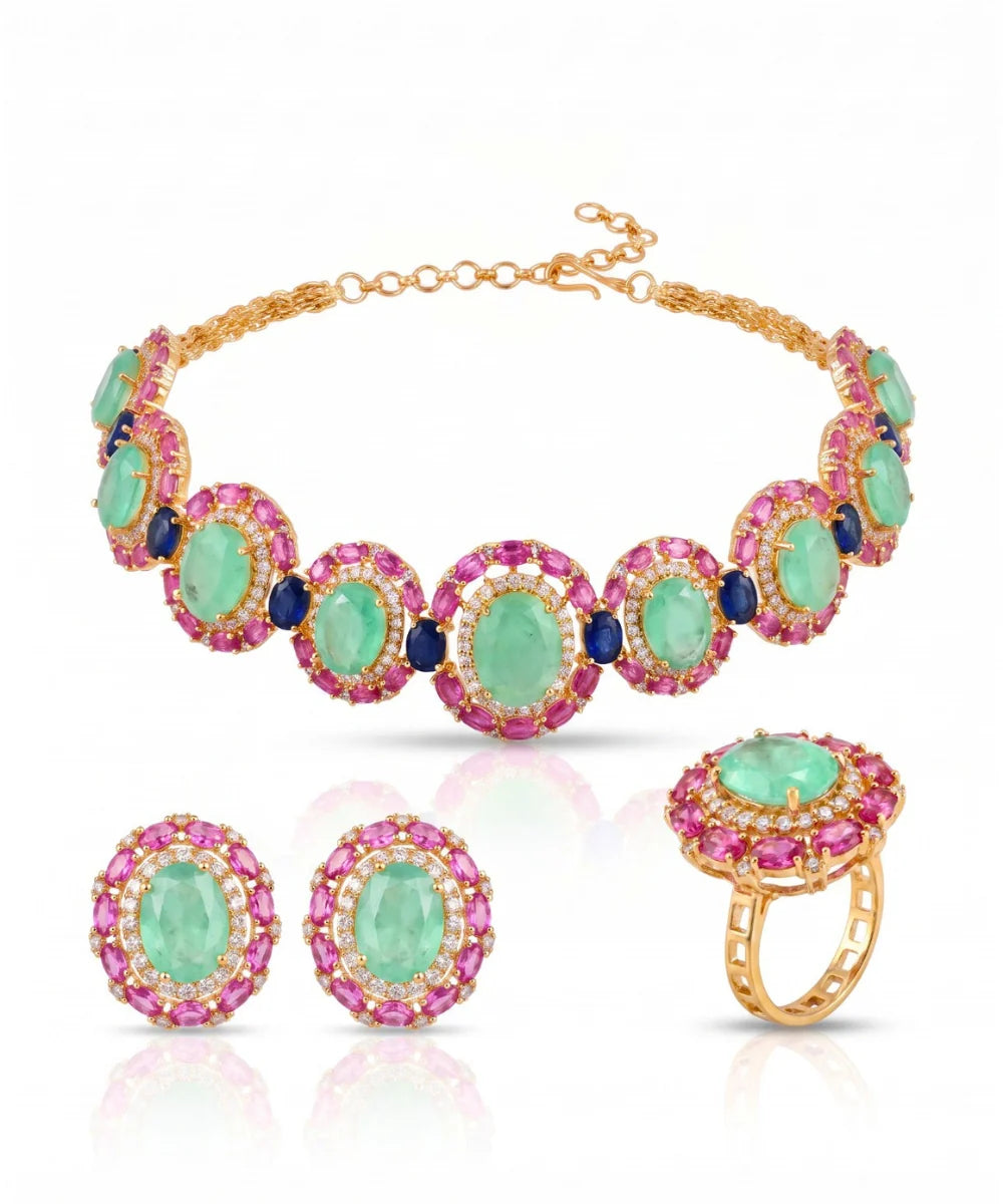 Raani Baag Oval Pink Ruby and Sapphire Choker Set