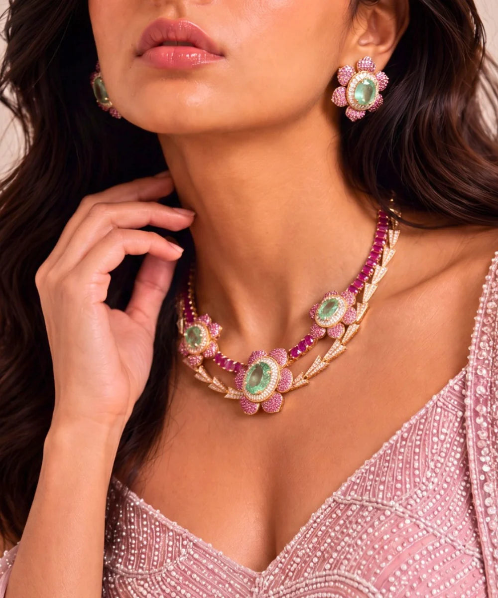 Raani Baag Pink Ruby Flower with CZ and Mint green Set